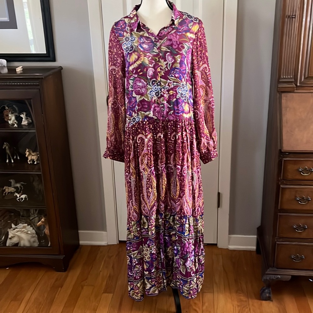 Anthropologie  Burgandy Floral Nikole Maxi Shirtdress Size S